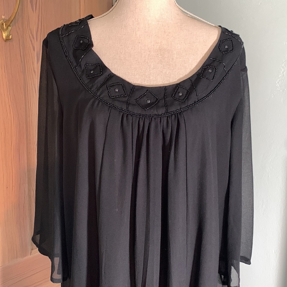 Ulla Popken Black A Line chiffon dress with beaded neckline size 16/18